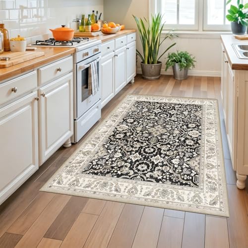 4x5 Machine Washable Area Rug: Low Pile Non Slip Rugs Soft Barefoot Floor Mat for Under Desk Play Area Big Entryway Living Room and Apartment Decor Black Beige