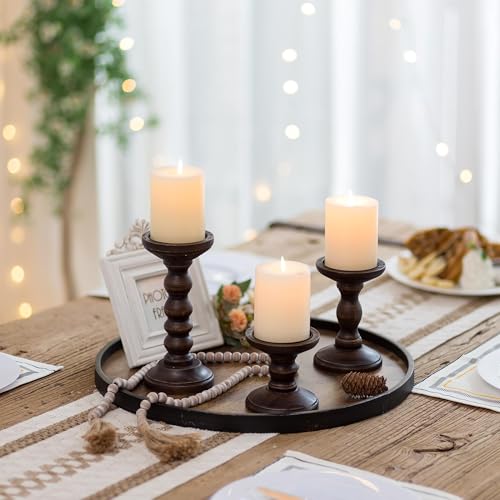 Romadedi Wood Candle Holders for Pillar, Dark Brown, Set of 3