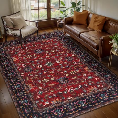 Tangsoo Oriental 4x6 Washable Area Rug for Living Room, Non Slip Rug Red