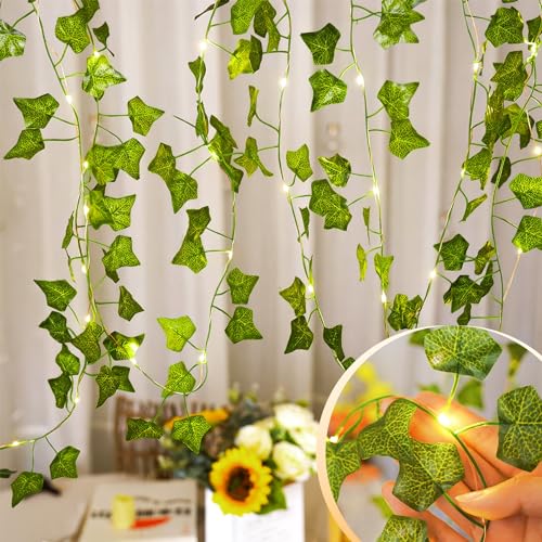 KASZOO 33ft 100 LED Vine with Fairy Lights with Remote, Fake Vines String Lights Battery/USB Operated, Ivy Garland, Leaf Lights for Bedroom Garden Party Wall Room Decor