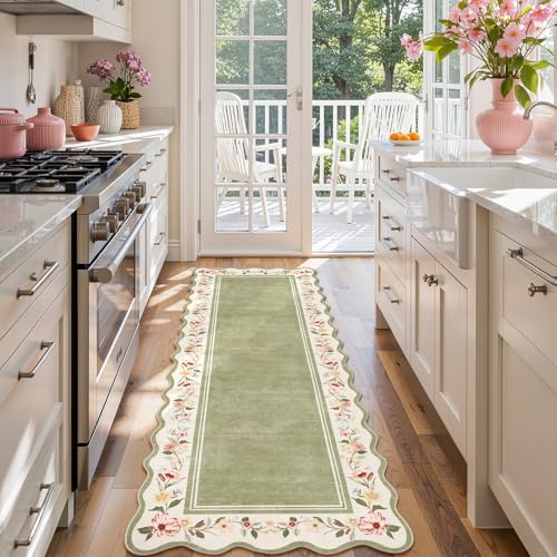 Lahome Floral 2'x 6' Washable Kitchen Runner Rug, Green Bathroom Runner Rug