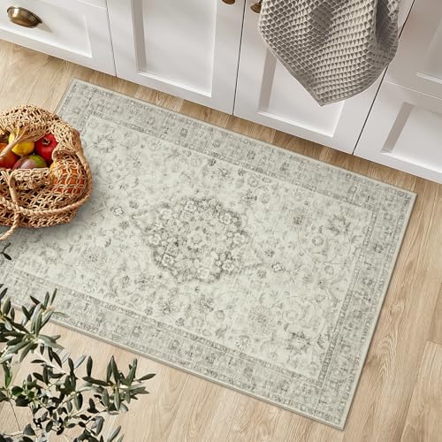 LIVEBOX Washable Rug 2x3 Kitchen Mats for Floor Entryway, Non Slip Front Door Mat for Bathroom Hallway, Boho Low-Pile Small Carpet Farmhouse Throw Indoor Rugs for Bath Sink, Taupe