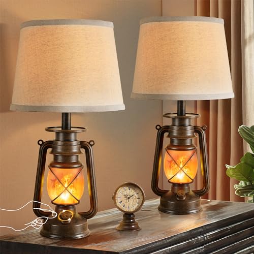 LEDIARY 18.72" LED Vintage Lantern Flickering Flame Table Lamps for Bedrooms Set of 2, Small Farmhouse Rustic Vintage End Table Lamps, Halloween Decorative Lantern Bedside Lamps for Living Room