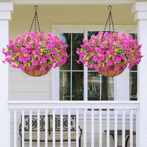 Yastouay Artificial Hanging Flowers for Outdoors, Fake Hanging Plants with Baskets, UV Resistant Hanging Flowers Fake Flowers for Outdoors Porch Patio Garden Spring Summer Decor(Purple Red)