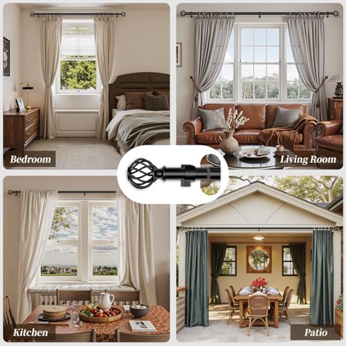 Curtain Rods for Windows 48-90 Inch(4-7.5Ft), Matte Black Decorative Curtain Rod Adjustable, Heavy Duty 1 Inch Drapery Rod for Living Room Bedroom Kitchen