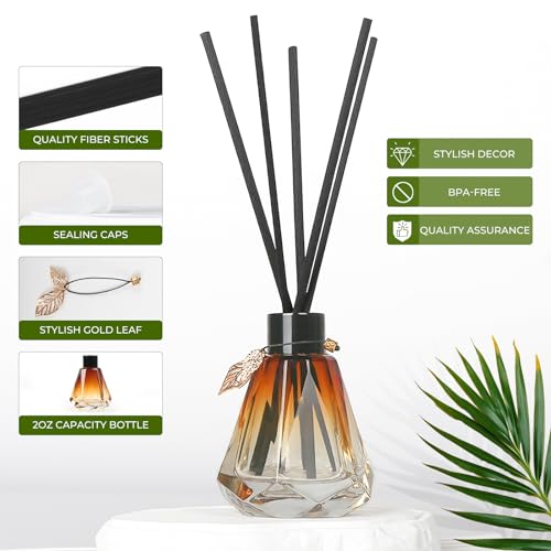 Reed Diffuser Set - 4 Empty Bottles with 20 Sticks, Delicate Gold Leaf Decor, Glass Fragrance Diffuser with Lids for Home, Bathroom | Refillable, Diamond Style (4 PCS Black)