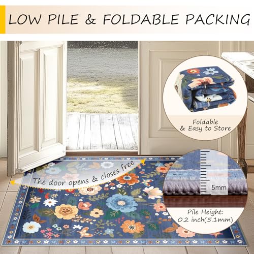 RELEANY Floral Washable Round 8ft Area Rug Blue/Grey