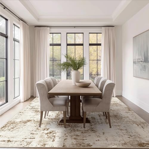 FMFUNCTEX 8x10 Washable Area Rug Brown Beige Neutral Abstract Modern Large Non Slip Carpet for Living Room Bedroom Soft Low Pile Indoor Mat Contemporary Throw Rug for Dining Kitchen Office Nursery