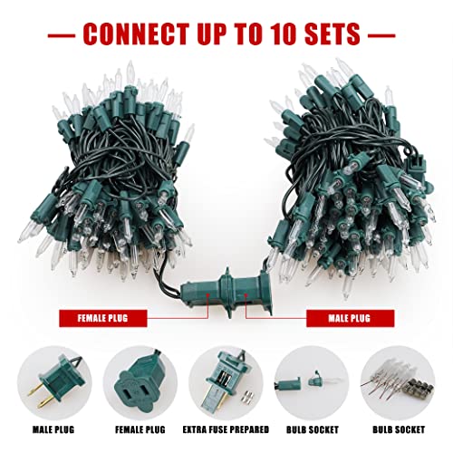 Hopolon 2 Pack 13ft 50-Count Clear Green Wire Christmas Light Set,Incandescent Mini Christmas Lights, Connectable 120V Clear Tree Lights for Wedding, Bedroom, Classroom, Porch Decor(2pcs Warm White)