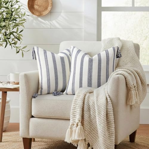 Smile Bee Spring Boho Outdoor Throw Pillow Covers Set of 2, Decorative Woven Striped Pillow Covers with Tassels for Couch Bed Sofa, 18x18 Inch, Navy Blue and Cream White