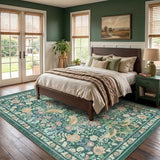Vintage Floral Area Rug 5x7, Botanical Bird Washable Living Room Rug, Non Slip Stain Resistant Low Pile Soft Carpet for Bedroom Dining Room Under Table Home Office, Dark Green