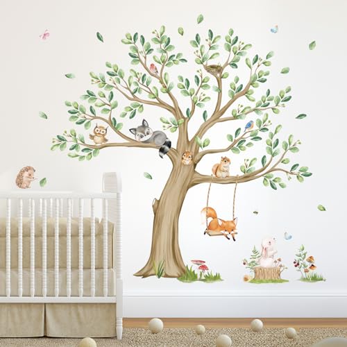 wondever Kids Large Tree Wall Stickers Animal Tree Fox Owl Peel and Stick Wall Art Decals for Kids Bedroom Baby Nursery