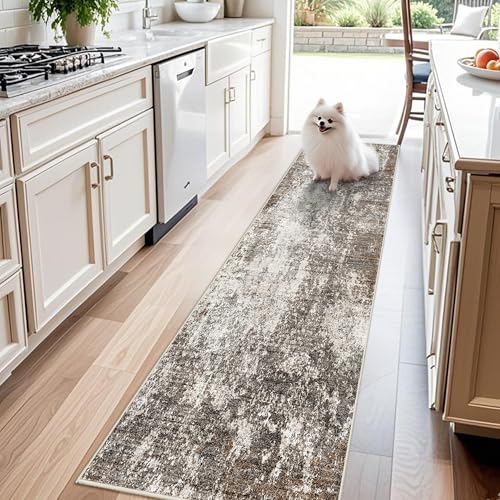 Washable 2x8 Kitchen Rug Runner – Non-Slip Stain-Resistant Soft Carpet Runner for Hallway Entryway Bedroom Bathroom, Modern Abstract Neutral Low-Pile Area Rug (Brown Beige,2x8)