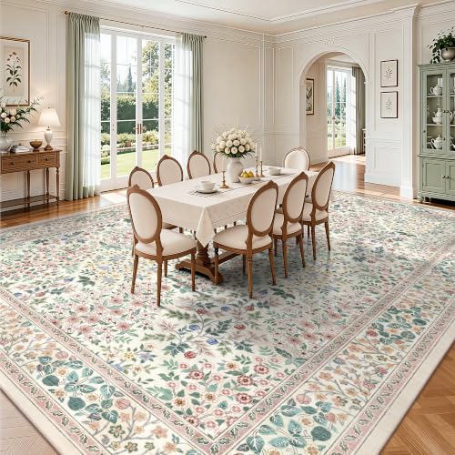10x14 Large Area Rugs, Machine Washable Low Pile Floral Rugs for Living Room, Bedroom, Boho Style with Non-Slip Backing Nursery Rug(Pink Floral)