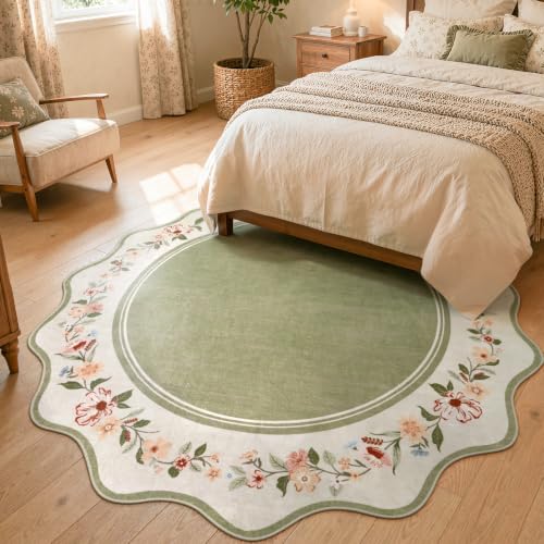 Lahome Round Dining Room Rug 6ft, Green Floral Area Rug
