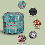 Indian Pouf Footstool Ethnic Embroidered Indian Cotton Round Pouffe Ottoman Pillow Ethnic Decor Art Cover Only (Turquoise, 14X22 Inch)