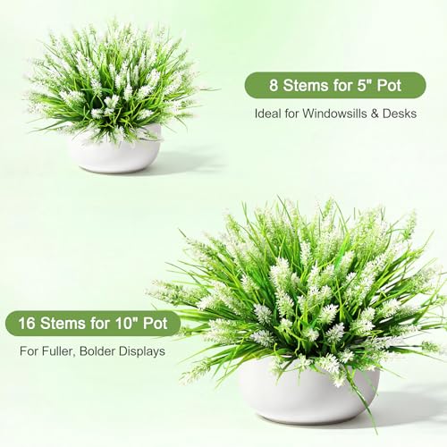 AmyHomie Artificial Plants & Flowers for Outdoors – 16 Bundles White Fake Lavender Flowers & Monkey Grass, UV Resistant Faux Greenery for Patio, Porch, Planter, Garden and Window Decor