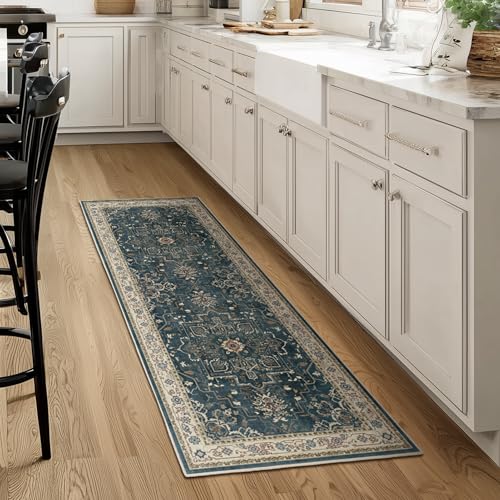 Farmhouse Entryway Rugs 2x6, Low Pile Kitchen Runners Washable Non Slip, Distressed Medallion Printed Carpet Runners for Hallway/Bathroom/Bedroom Bedside/Laundry Room, Deep Blue/Multi