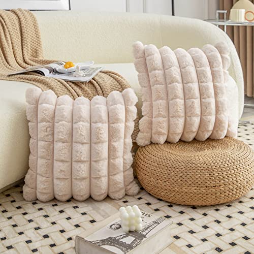 Neelvin Beige Faux Fur Cozy Soft Plaid Decorative Throw Pillow Covers 12x20 inch Set of 2,Velvet Pillowcase Cushion Case for Sofa Couch