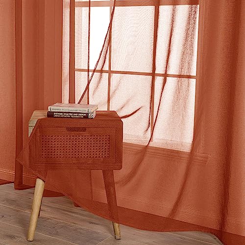 MIULEE Terracotta Linen Textured Sheer Curtains 2 Panels for Bedroom/Living Room Semi Transparent Voile Drapes Rust Boho Orange Rustic Fall Decor Window Panels Rod Pocket, W 54 x L 84 Inches Long