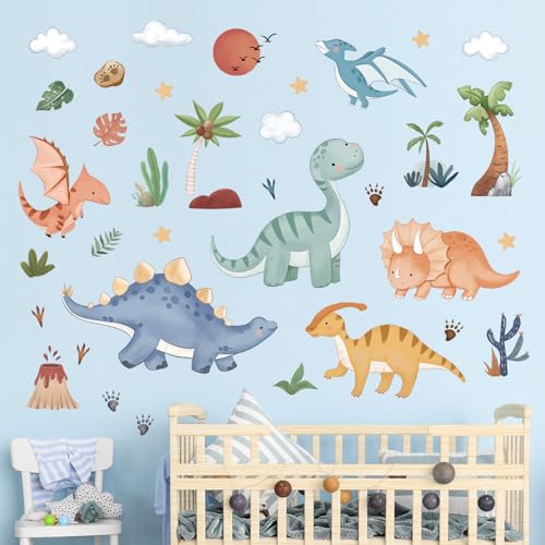 decalmile Boho Baby Dinosaurs Wall Decals Dino Palm Tree Volcano Wall Stickers Boys Bedroom Toddler Room Baby Nursery Wall Decor