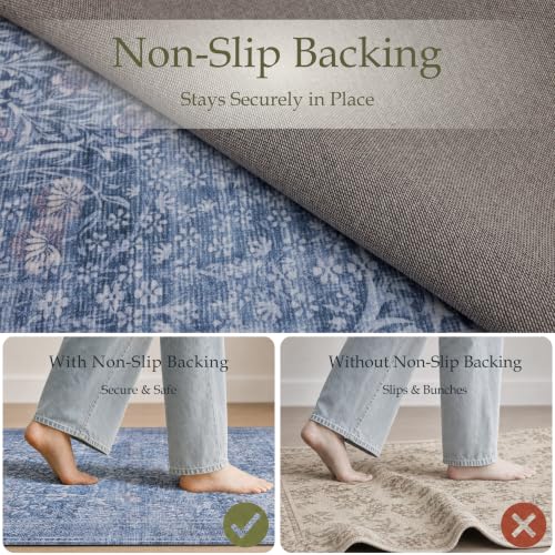 JOLLYVOGUE Entryway Rug, 2x3 Washable Vintage Floral Rug, Dusk Blue