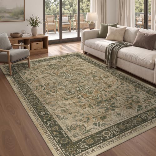 Vintage Distressed 5x8 Area Rugs for Living Room Bedroom, Low Pile Machine Washable Non Slip Dining Room Carpet Rugs for Under Table/Home Office/Kitchen, Multi Brown with Olive Accents