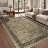 Vintage Distressed 5x8 Area Rugs for Living Room Bedroom, Low Pile Machine Washable Non Slip Dining Room Carpet Rugs for Under Table/Home Office/Kitchen, Multi Brown with Olive Accents