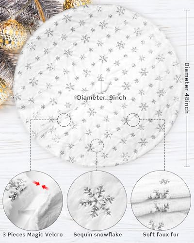 COOLWUFAN 48 Inches Faux Fur Christmas Tree Skirt for Xmas Tree Holiday Party Decorations White Plush Silver Sequin Snowflake (Silver)
