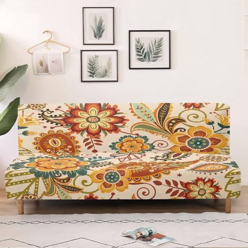 Elastic Fabric Sofa Couch Slipcovers Without Armrest, Furniture Protector for Kids and Pets Futon Slipcover Non Slip Protector Hippie Boho Flowers