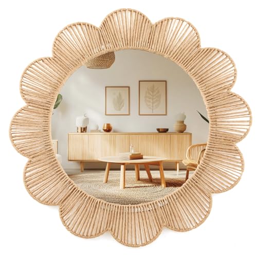 Sintuff Boho Scalloped Wall Mirror Decorative Flower Round Wavy Mirror with Frame Rustic Farmhouse Rattan Wicker Natural Wall Decor for Bathroom Bedroom Office (Jute,24 Inch,Scalloped)