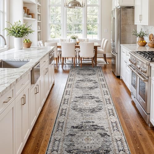 3x14 Washable Hallway Runner Rug - Non-Slip Vintage Kitchen Rugs Black Gray