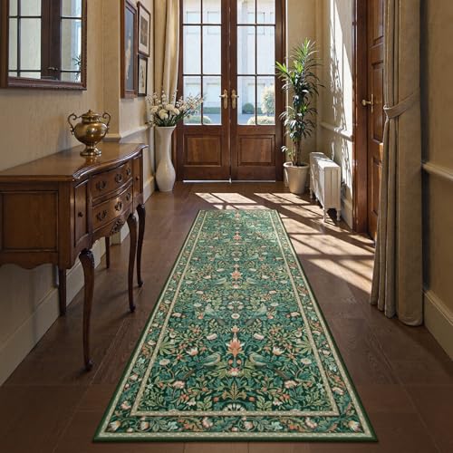 Kitchen Runner Rugs Washable, Boho Floral Hallway Runner Rug 8ft, Botanical Birds Indoor Floor Carpet for Entryway Laundry Bedroom Bedside, Dark Green
