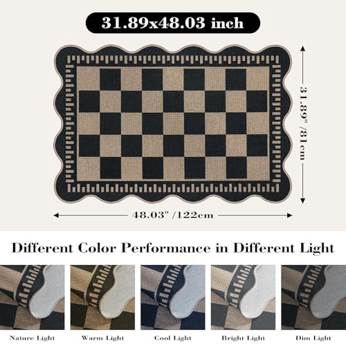 Checkered Easy Jute Front Door Mat, 2.6x4 Washable Entryway Rug Non Slip Small Kitchen Rug, Farmhouse Low Pile Floor Scalloped Rugs for Doorway Porch Bathroom