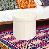 Bsketa Round Storage Ottoman, 14" Folding Leather Foot Rest Stool, Beige