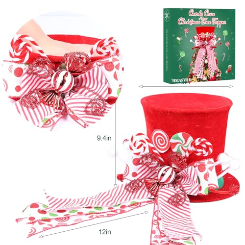 HMASYO Candy Cane Christmas Tree Topper, Velvet Red Tree Topper Hat with Candy Peppermint Bows Ribbon Ornament, Top Hat Christmas Tree Topper for Home Office Holiday Tree Decoration Xmas Gift