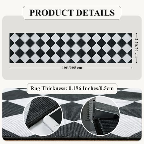 Checkered Print Washable Rug Runners for Hallways Non Slip 2.5x10, Ultra Thin Black Kitchen Runner Stain Resistant Hallway Runner Rug 10 ft, Checkerboard Carpet for Bathroom Entryway Decor