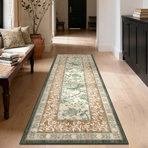 GarveeHome Terracotta Olive Sage Green 2x6 Washable Kitchen Runner Rugs Non Slip Provence Botanical Grove Vintage Boho Cottage Long Rug for Hallways Bedroom TPE Rubber Backing