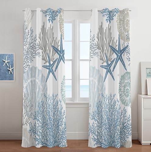 Tritard Coastal Window Curtains Grommet Drapes Nautical Beach Themed Thermal Insulating 50% Light Blocking Privacy Curtain for Living Room, Bedroom 2 Panels Set, 52x84 Inches