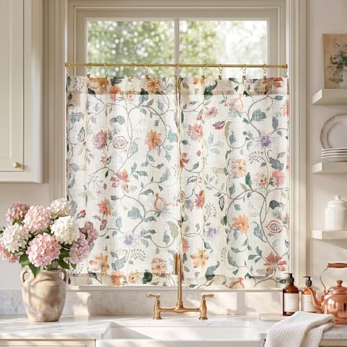 jinchan Hattie Floral Linen Kitchen Curtains 36 Inch Length Vintage Cottage Core Farmhouse Cafe Curtains Light Filtering Small Window Drapes for Living Room Bathroom Rod Pocket 2 Panels Beige