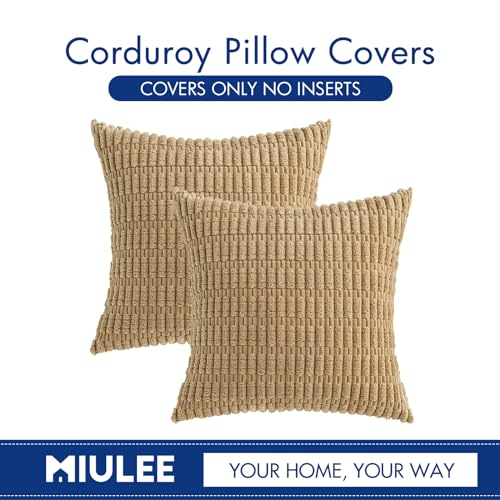 MIULEE Corduroy Decorative Throw Pillow Covers 18x18 Khaki Pack of 2