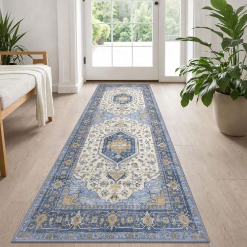 Vintage Washable Runner Rug, 2x5 Runners Blue Brown 5ft Kitchen Rugs