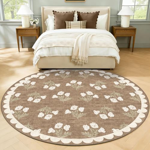 Tan 6ft Round Area Rug for Living Room Soft Washable Carpet