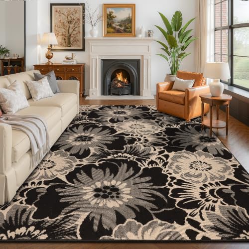 Findosom Washable Area Rug 6x9, Non Slip High-Low Textured Floral Rugs for Living Room with Rubber Backing, Boho Carpet for Bedroom, Kitchen, Entryway, Laundry, Black & Beige