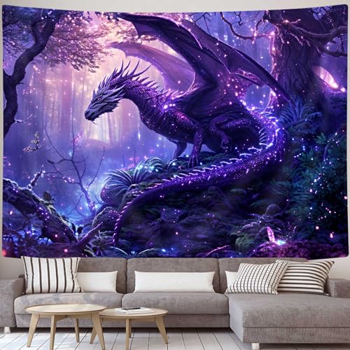 MERCHR Purple Dragon Tapestry Medieval Fantasy Animal Cool Tapestry Wall Hanging for Bedroom Aesthetic, Psychedelic Magic Forest Tree Tapestries for Living Room Dorm Decor 60x40 Inch