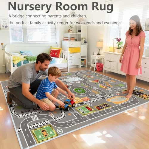 Car Rug Play Mat Road Rug,Kids Carpet Playmat Rugs City Life Great for Playing with Cars and Toys,Children Educational Race Track Rugs with Non-Slip Rubber Backing for Playroom Bedroom Classroom