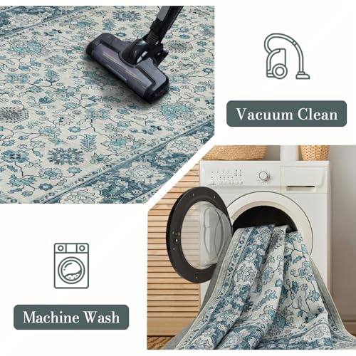 Area Rug 8×10, Large Vintage Boho Rug,Ultra-Soft Low Pile, Washable, Non Slip,Stain Resistant, Printed Carpet for Living Room Bedrooms Playroom Office Kitchen, Turquise/Cream