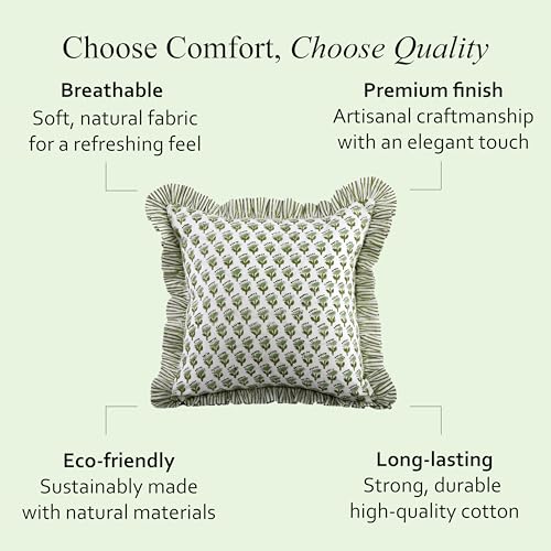 CPC Block Print Ruffle Throw Cover Emerald Green 20"x20" Inch Pack of 2-100% Cotton Ruffle Couch Decorative Boho Pillows Case for Living Room, Bedroom, Sofa, Farmhouse Gift for Spring, Mother's Day