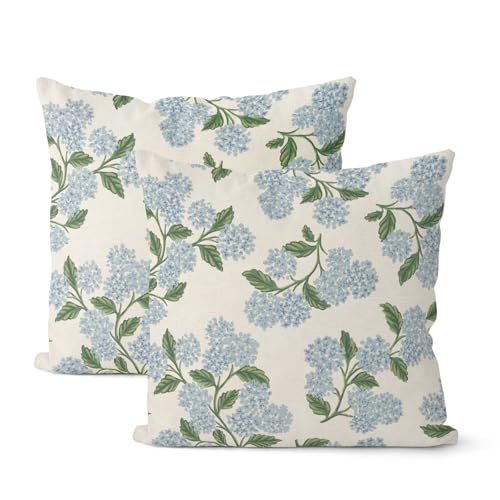 Spring Pillow Covers 18x18 Inch 2 Pcs Blue Green Hydrangea Flower Decor Throw Pillows Vintage Floral Seasonal Summer Outdoor Decoration Pillowcase Linen Cushion Cover for Couch Sofa