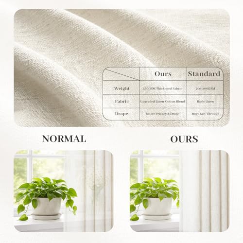 Natural Pinch Pleated Linen Curtains 96 Inches Long for Living Room Bedroom Birch Thick Linen Textured Memory Trained Light Filtering Back Tab Pleated Cream Drapes with Hooks Rings 8 FT